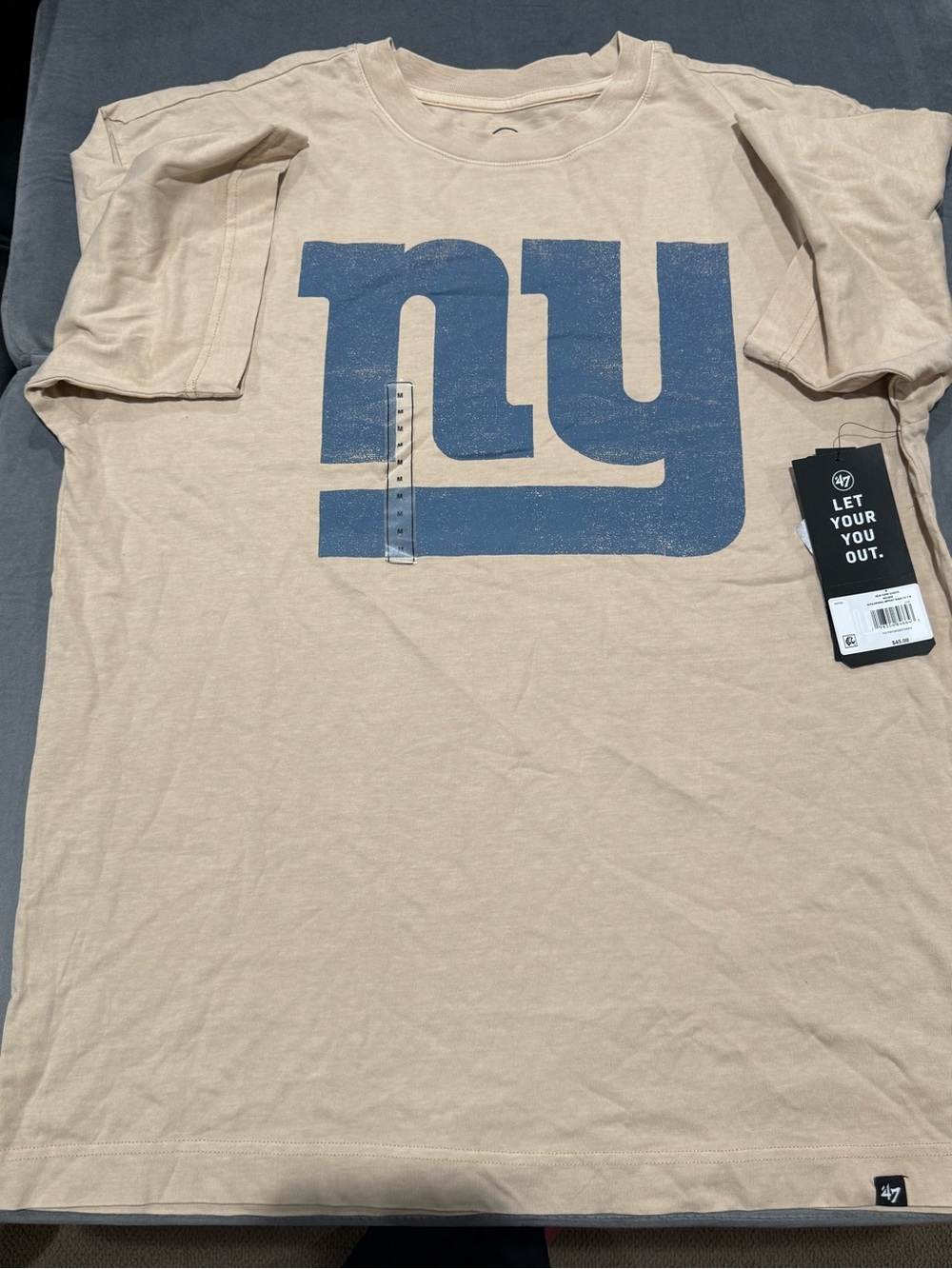 47 Brand Men's Beige Short Sleeve Tee with Large Blue NY Logo